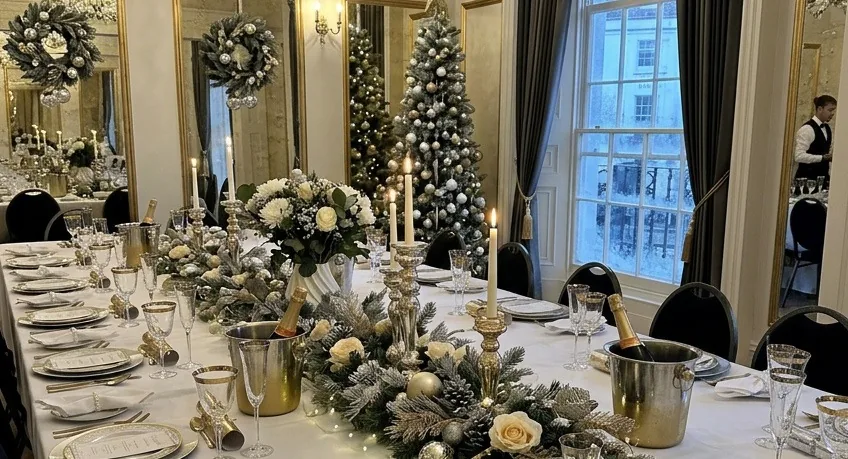 A festive table with candles, silver and white flowers in Orchidée