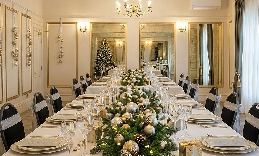 Orchidée set for a festive gala dinner with a long garlanded table and chandeliers