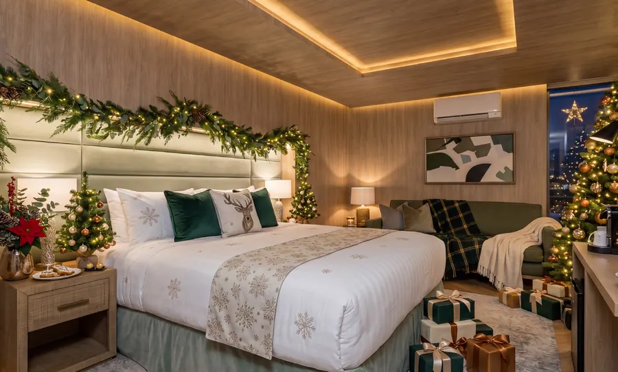 A bedroom at No.4 Carlton with a garland above the bed and presents on the chair