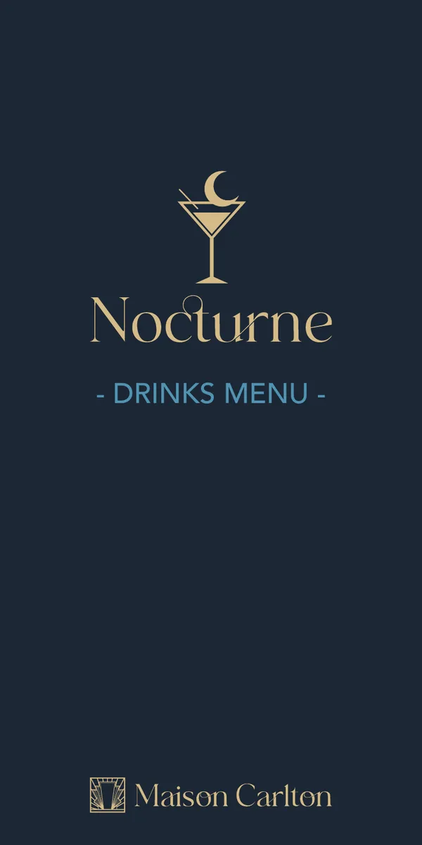 The cover of the Nocturne drinks list: a martini glass and a crescent moon in gold on midnight blue