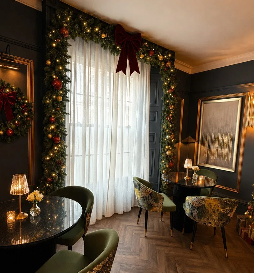 A table in Nocturne by the window, dressed with garlands and a red bow for Christmas